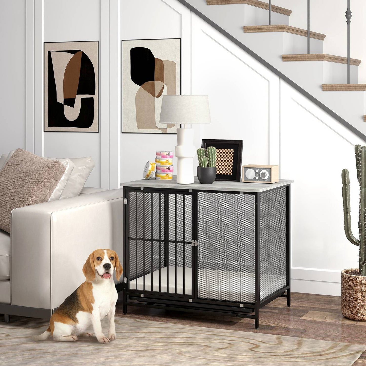 Lockable dog box with cushion, Grey, 88 x 55 x 71 cm