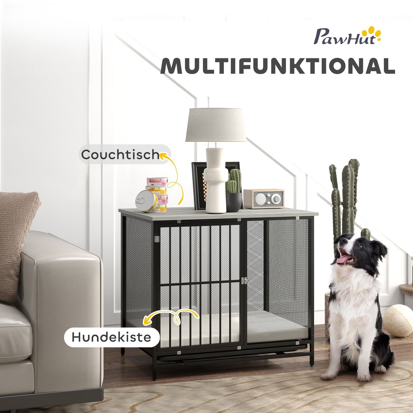 Lockable dog box with cushion, Grey, 88 x 55 x 71 cm