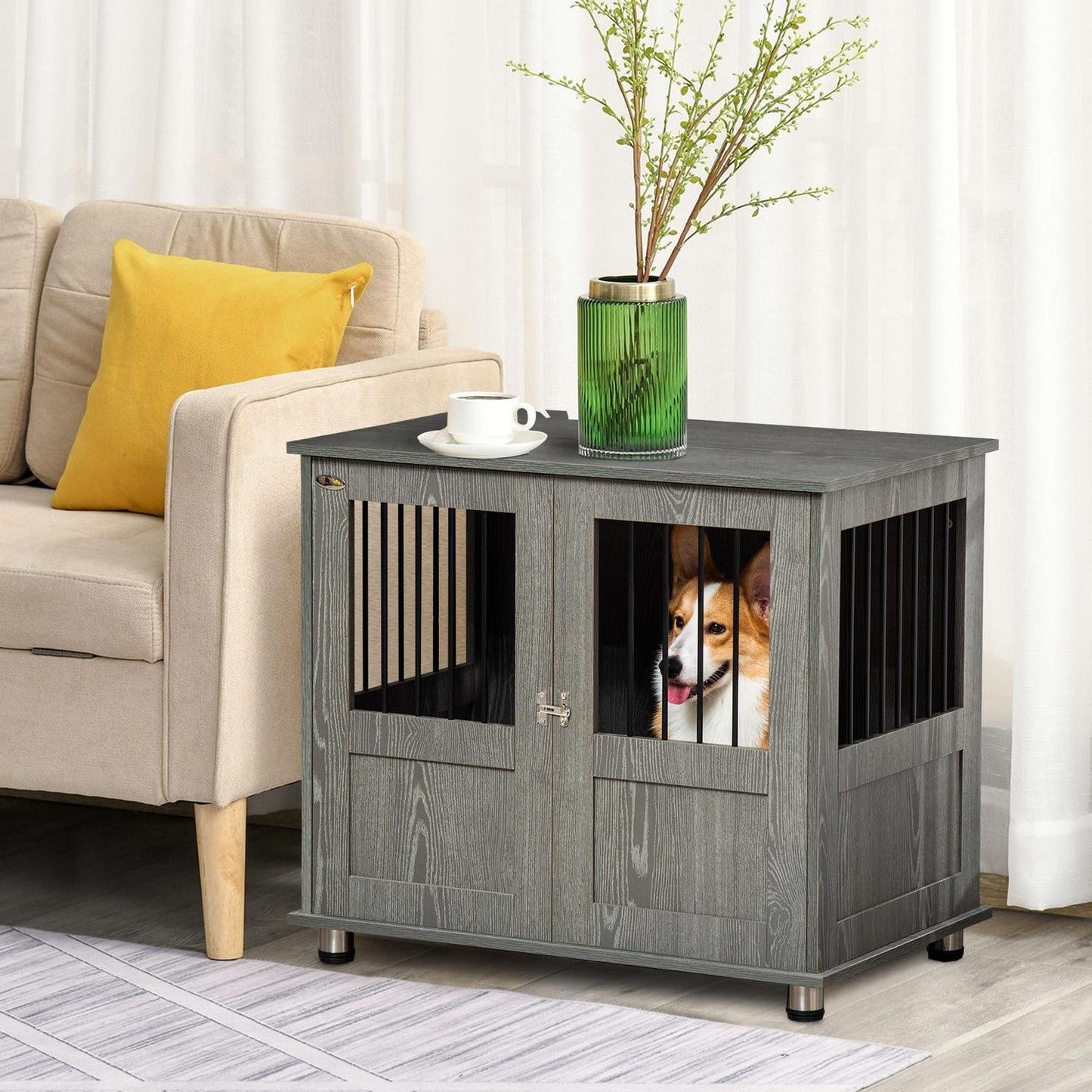 Indoor dog kennel with Lock & Window, Grey, 85x55x87 cm