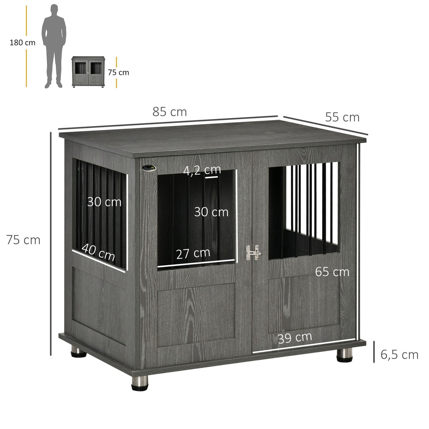 Indoor dog kennel with Lock & Window, Grey, 85x55x87 cm