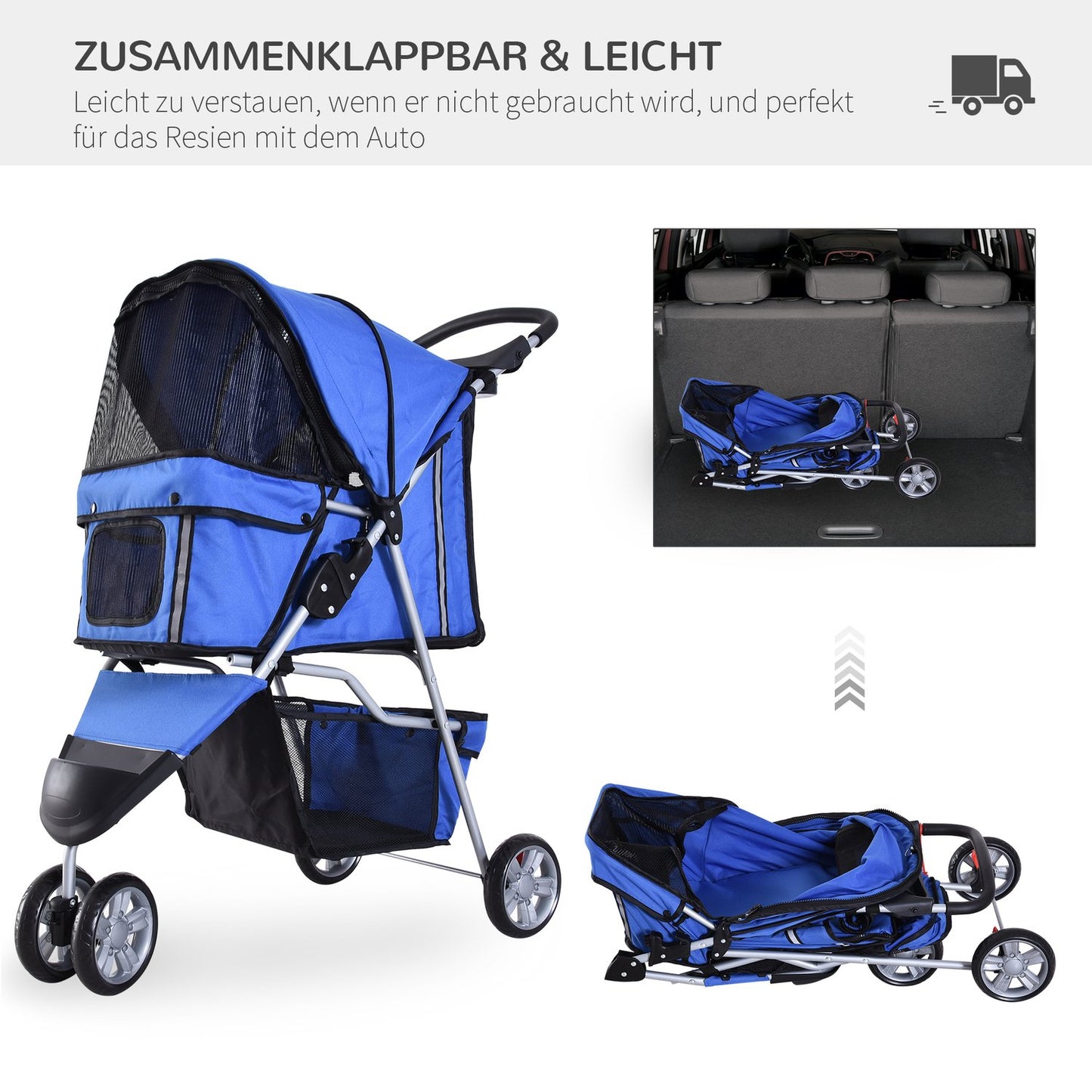Pet stroller for dogs and cats, multicolored blue