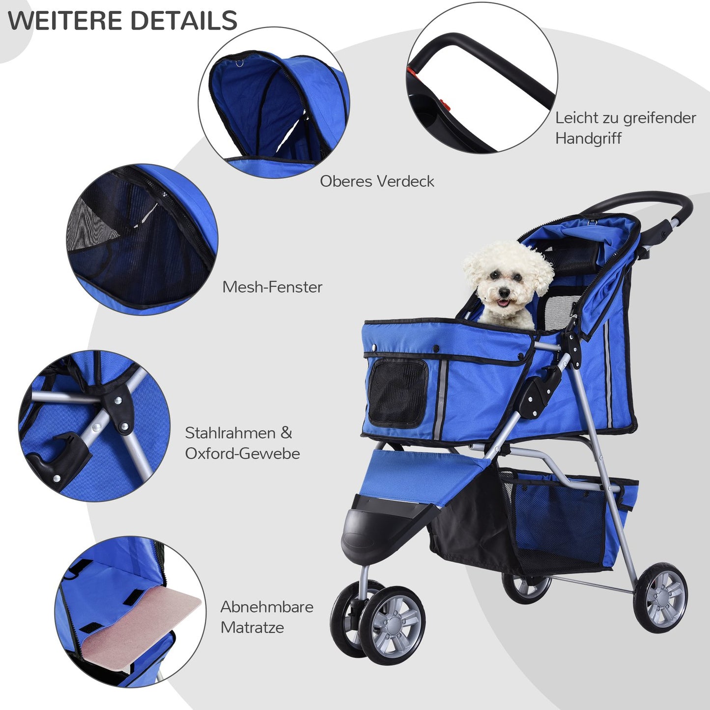 Pet stroller for dogs and cats, multicolored blue