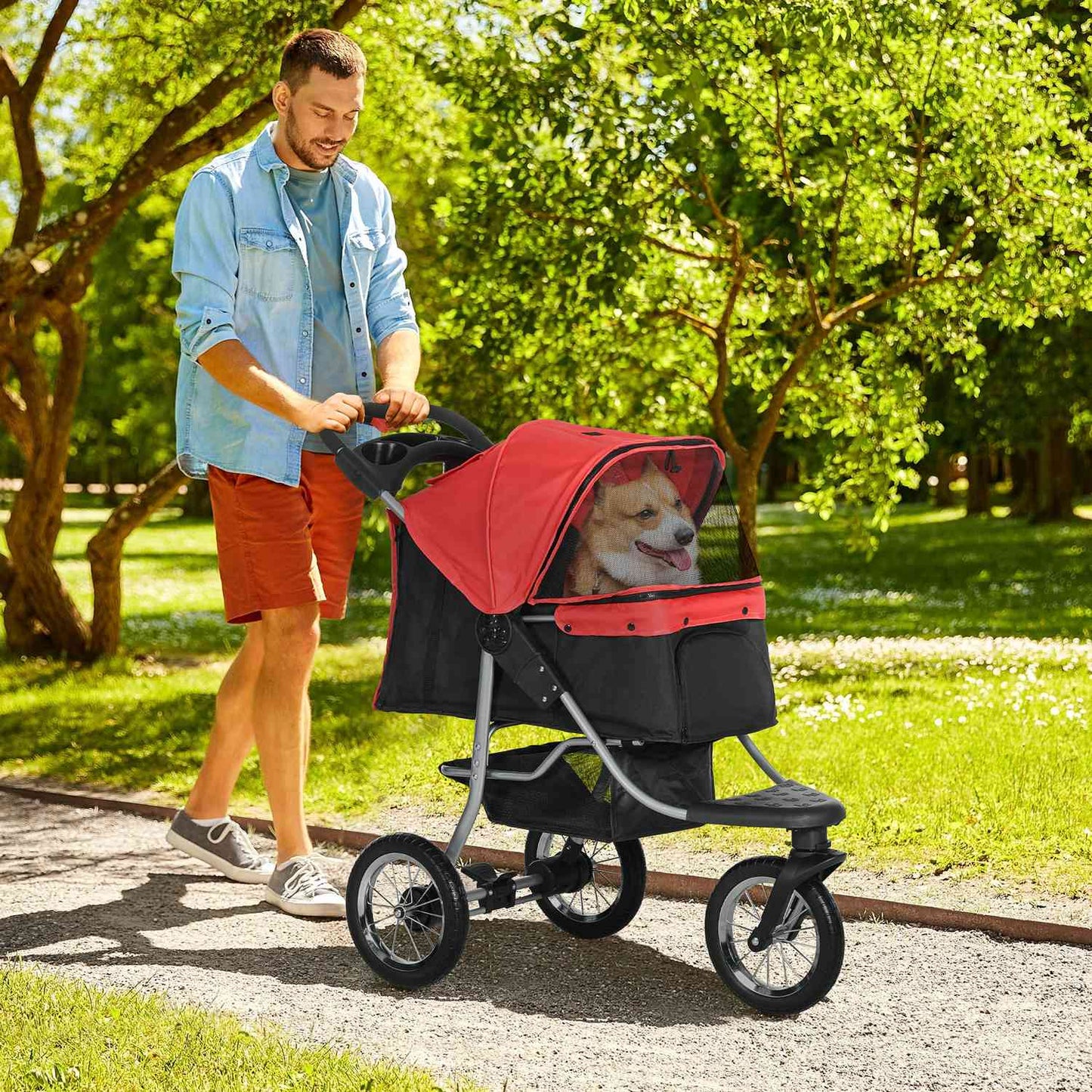 Pet Stroller, Foldable 3 Wheel, Red & Black Oxford Fabric
