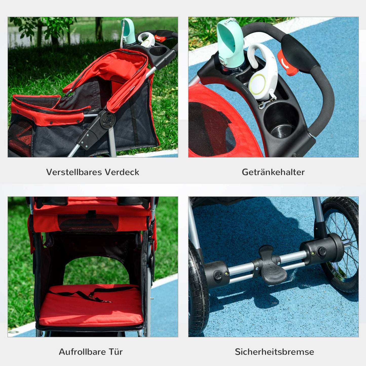 Pet Stroller, Foldable 3 Wheel, Red & Black Oxford Fabric