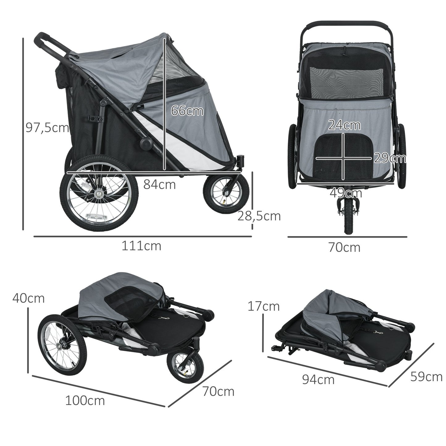 Foldable pet cart with mesh window, 30 kg capacity, gray