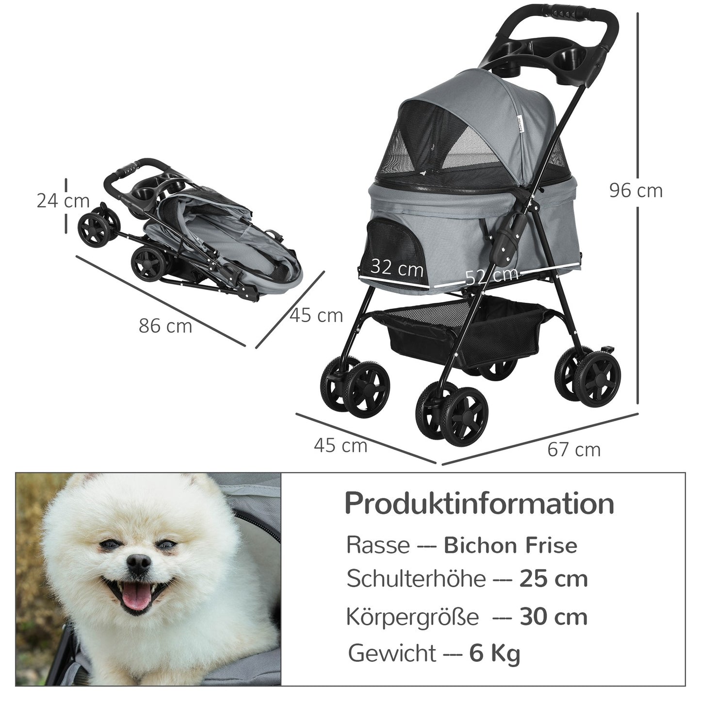 Collapsible Pet Stroller for Small Dogs and Cats, Oxford Grey