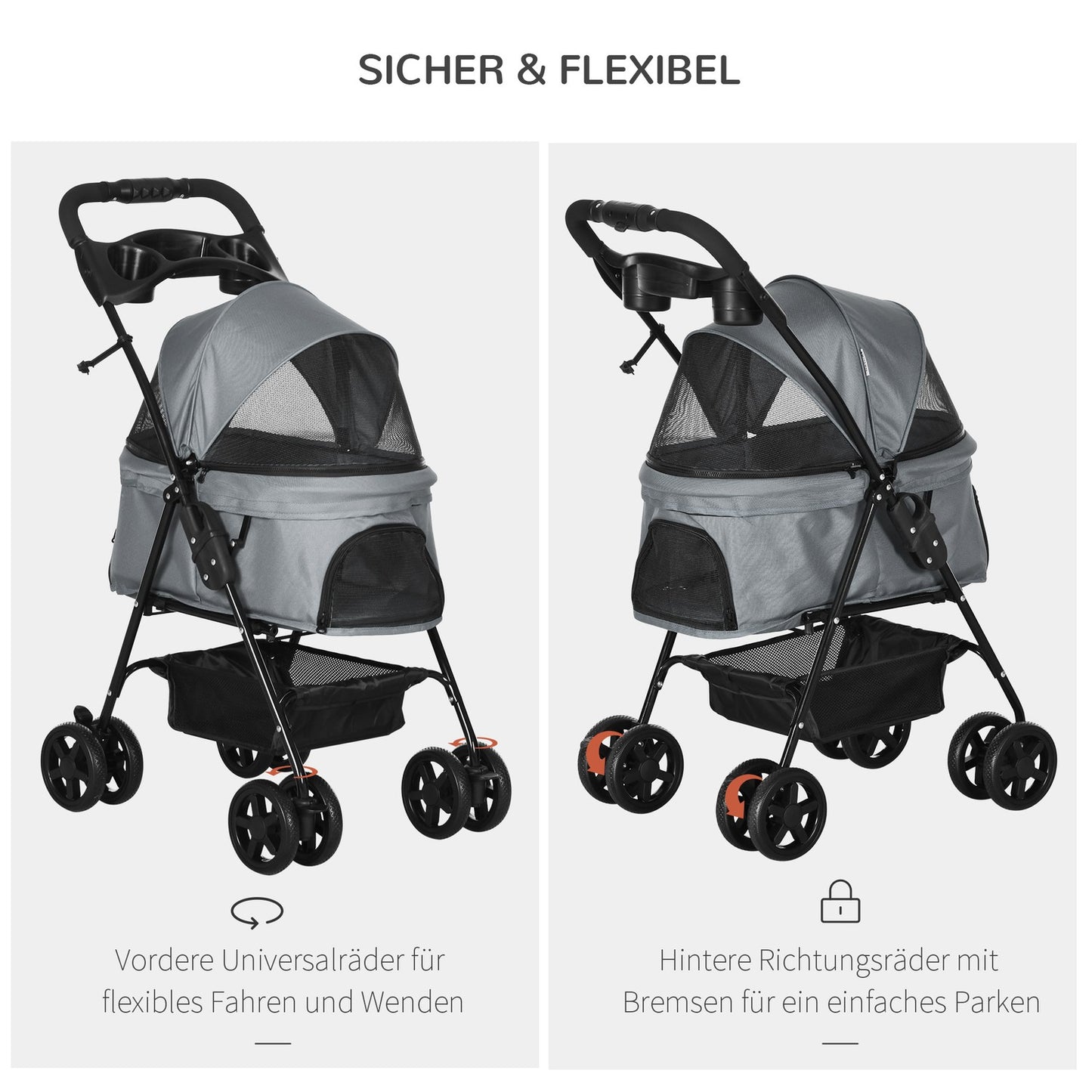 Collapsible Pet Stroller for Small Dogs and Cats, Oxford Grey