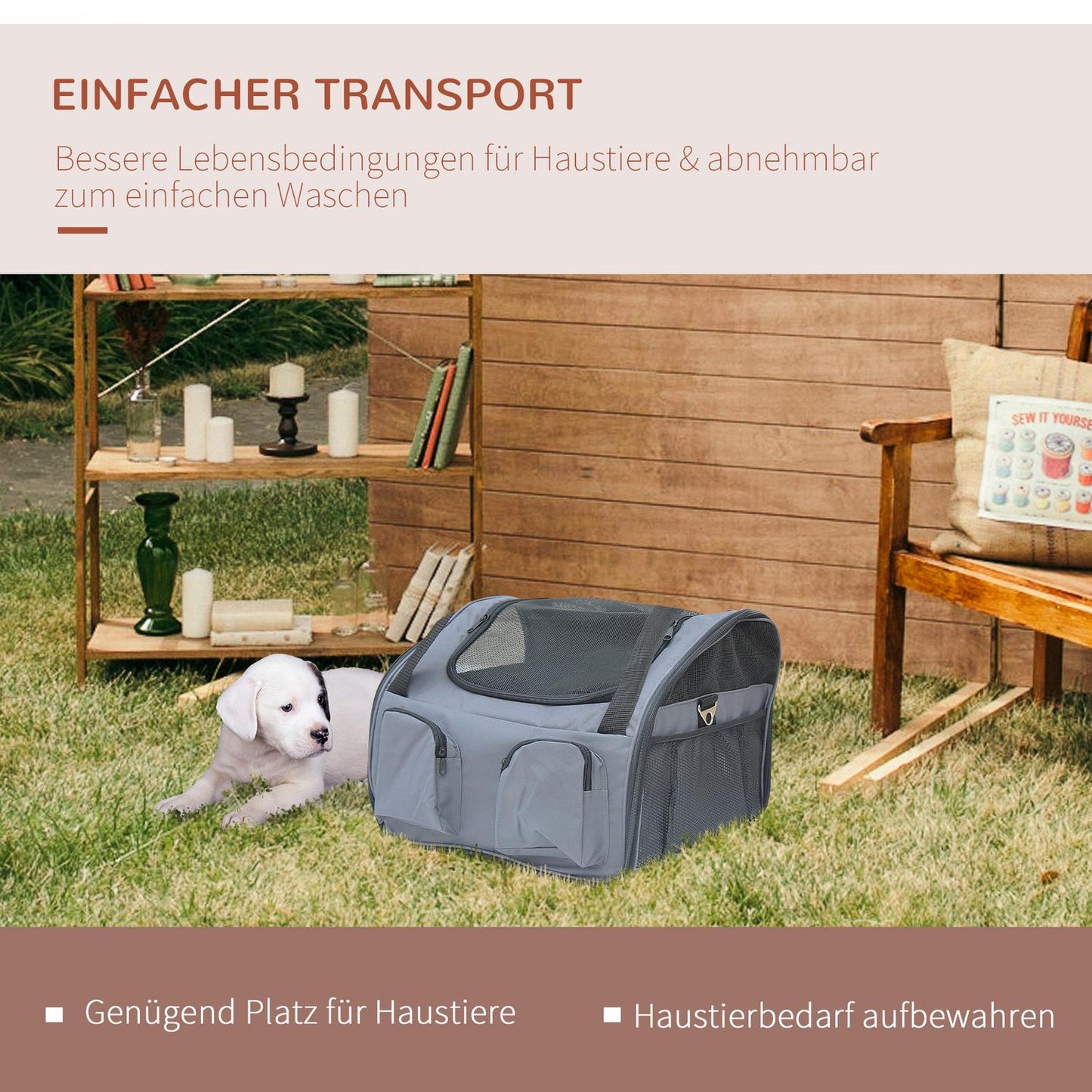 Dog Crate - Portable Oxford Transport Bag, Grey, 41x34x30 Cm