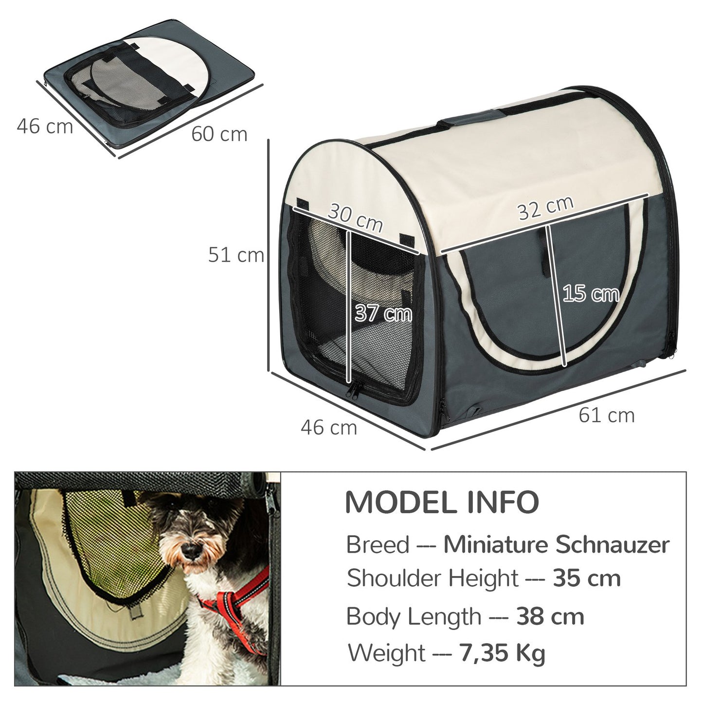 Foldable dog transport box with cushion, waterproof fabric