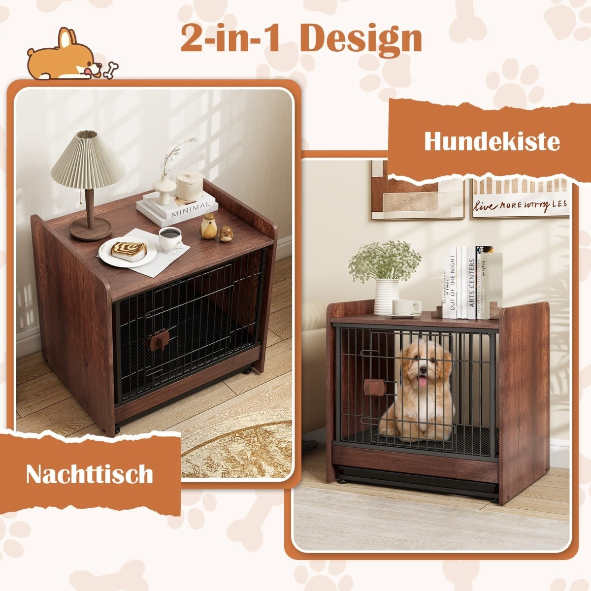 Dog Crate & Nightstand with Lockable Door, Removable Tray