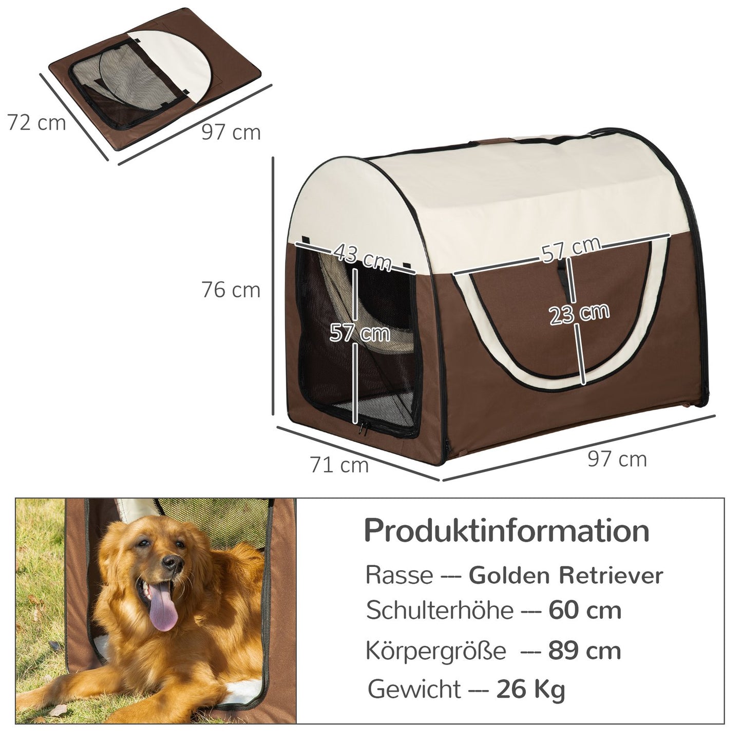 Collapsible dog box, waterproof with cushion, 97x71x76 cm