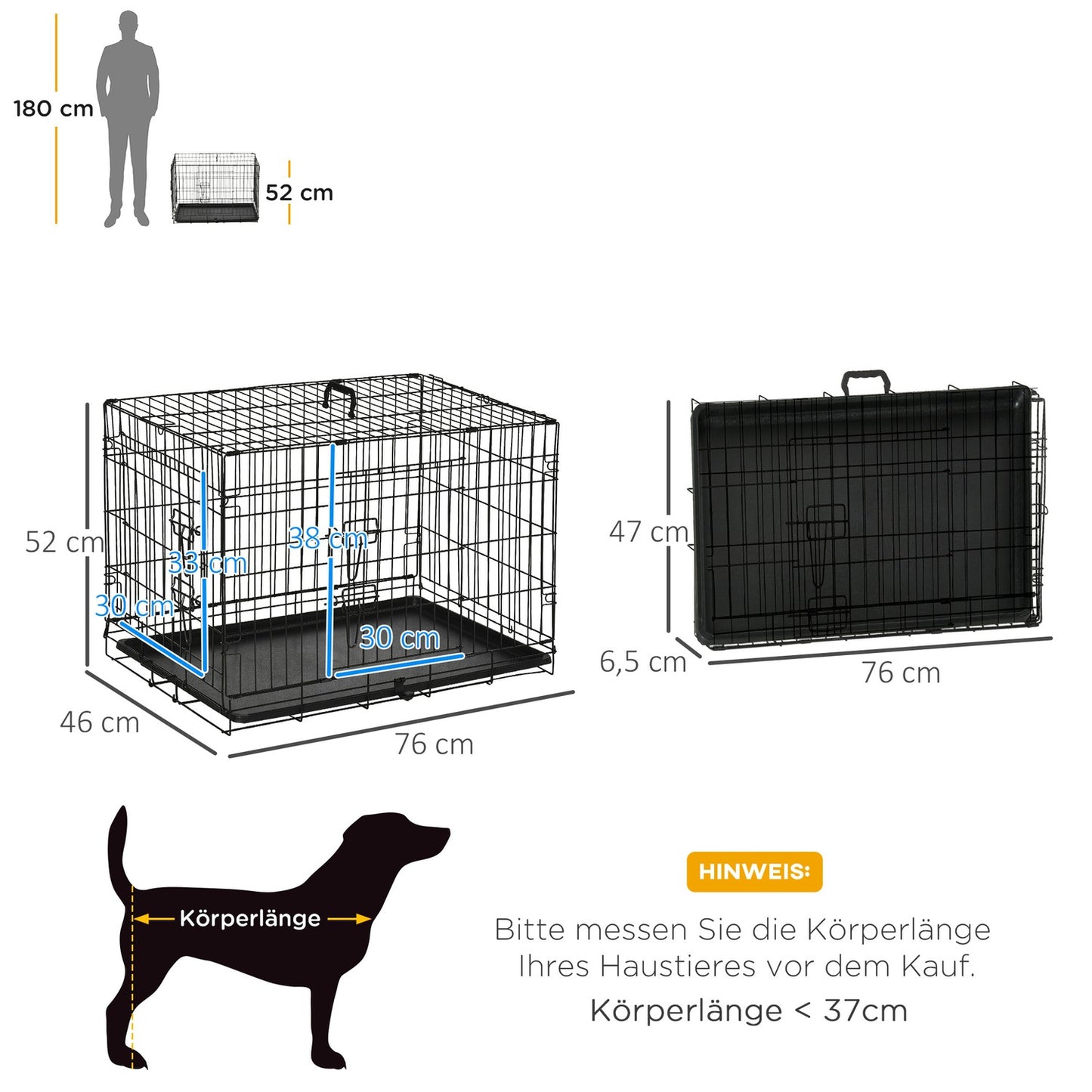 Collapsible dog box in black metal - 76 x 46 x 52 cm