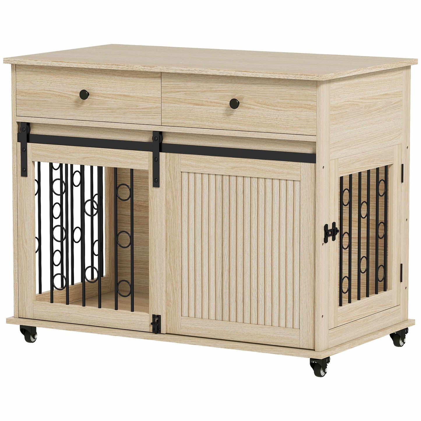Dog Crate on Wheels, 2 Doors, 2 Drawers, Wood & Steel