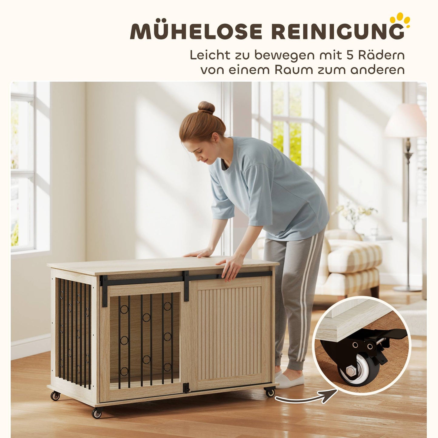 Dog Crate on Wheels, Sliding Door, 100 x 56 x 65 cm, Wood, Steel