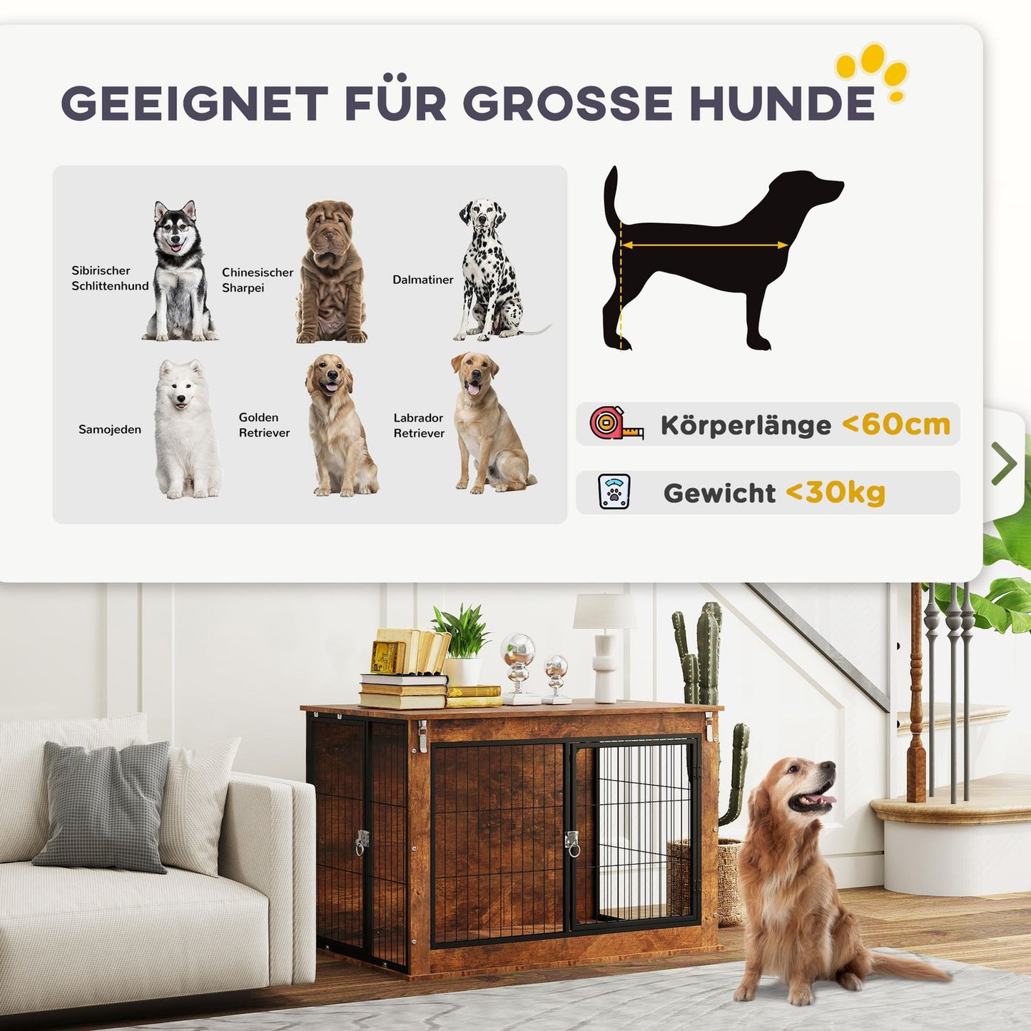 Dog Crate with Dual Doors, 98 x 60 x 65.5 cm, Brown