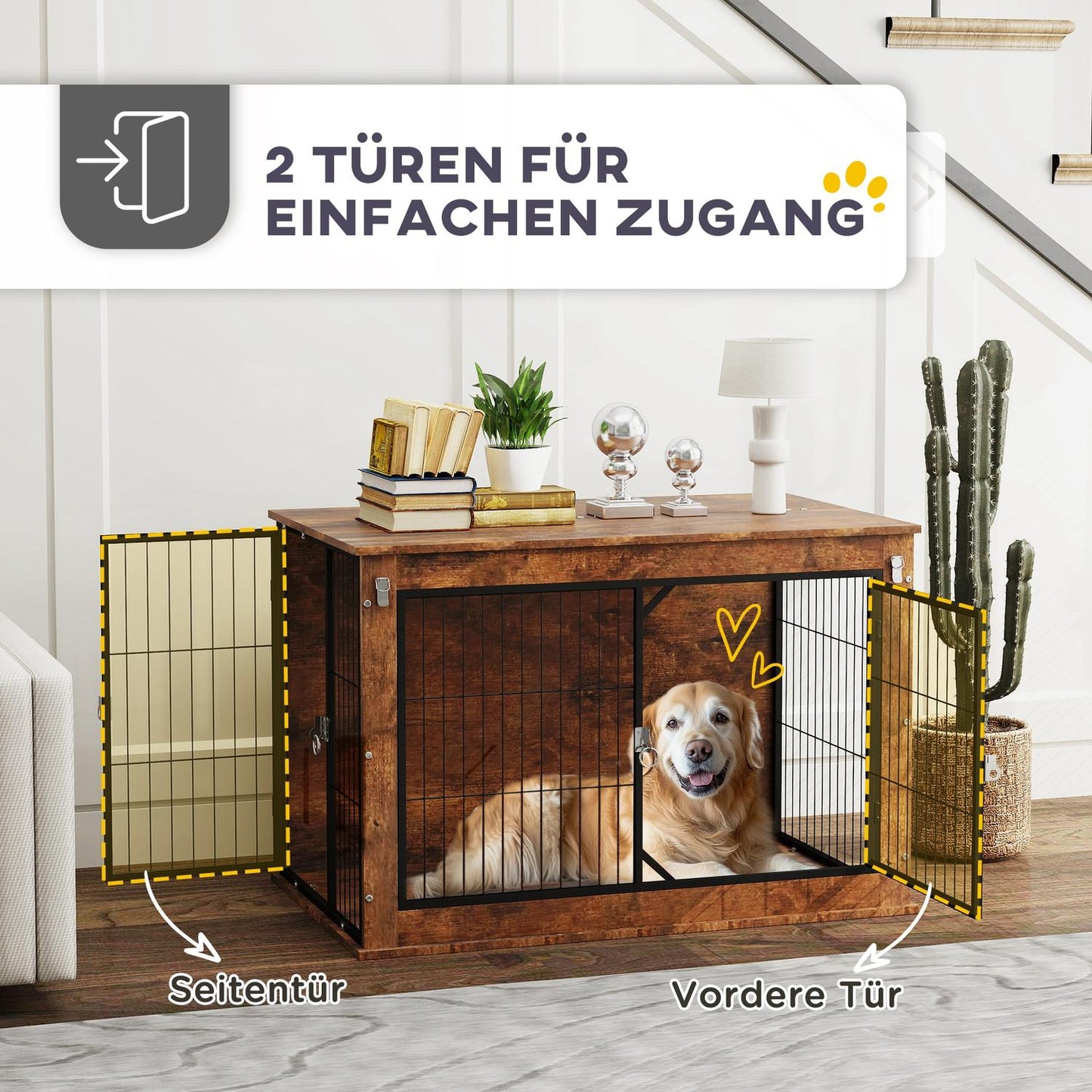 Dog Crate with Dual Doors, 98 x 60 x 65.5 cm, Brown