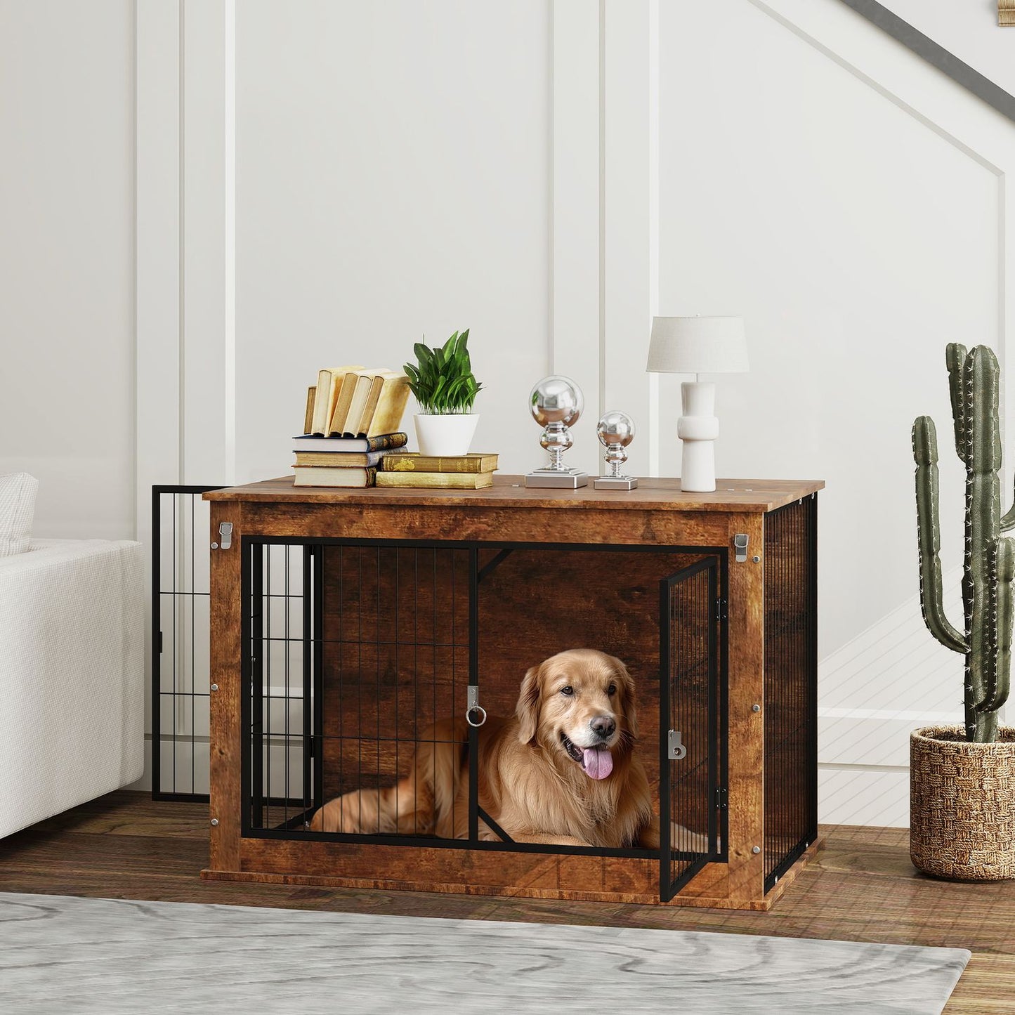 Dog Crate with Dual Doors, 98 x 60 x 65.5 cm, Brown