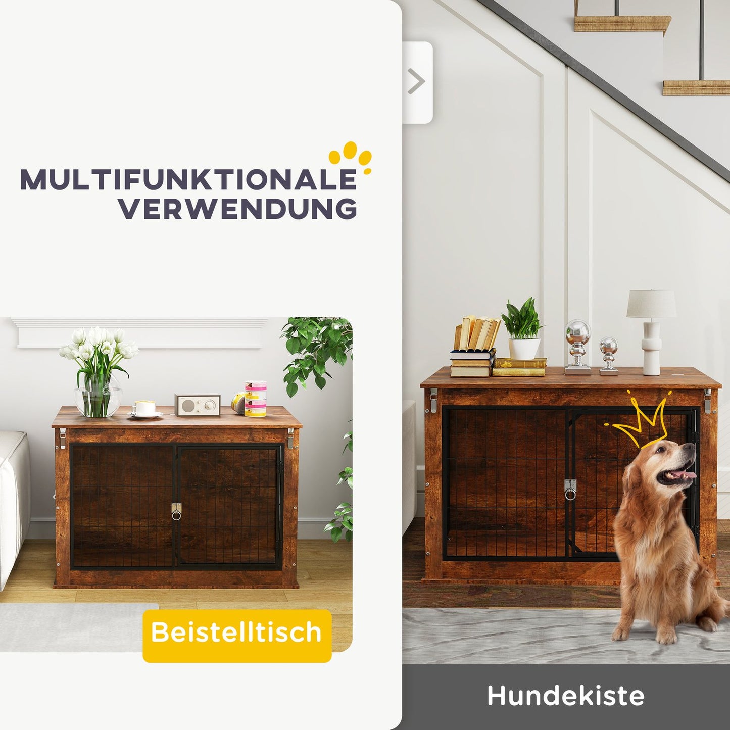 Dog Crate with Dual Doors, 98 x 60 x 65.5 cm, Brown