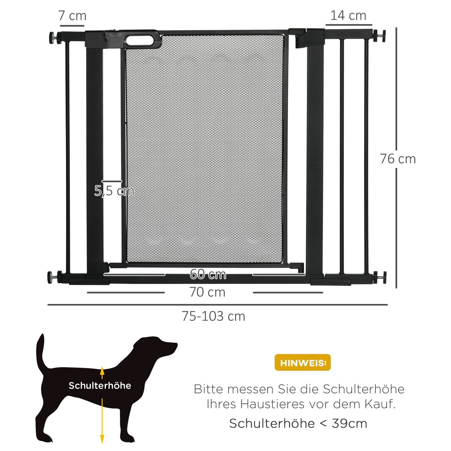 Dog Gate, No Drill, Auto-Close, Steel, 75-103 Cm, Black