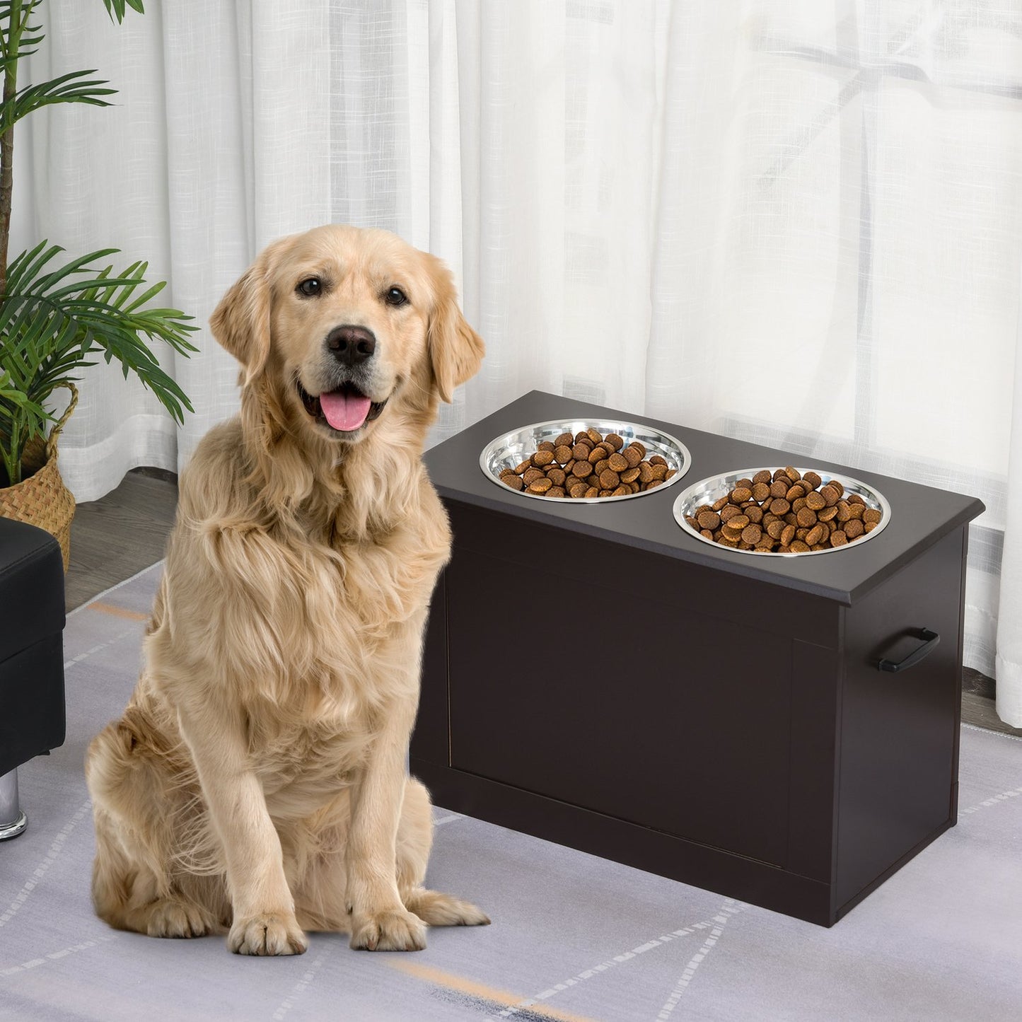 Pet Feeding Station, Double Stainless Steel Bowls, MDF Espresso Finish