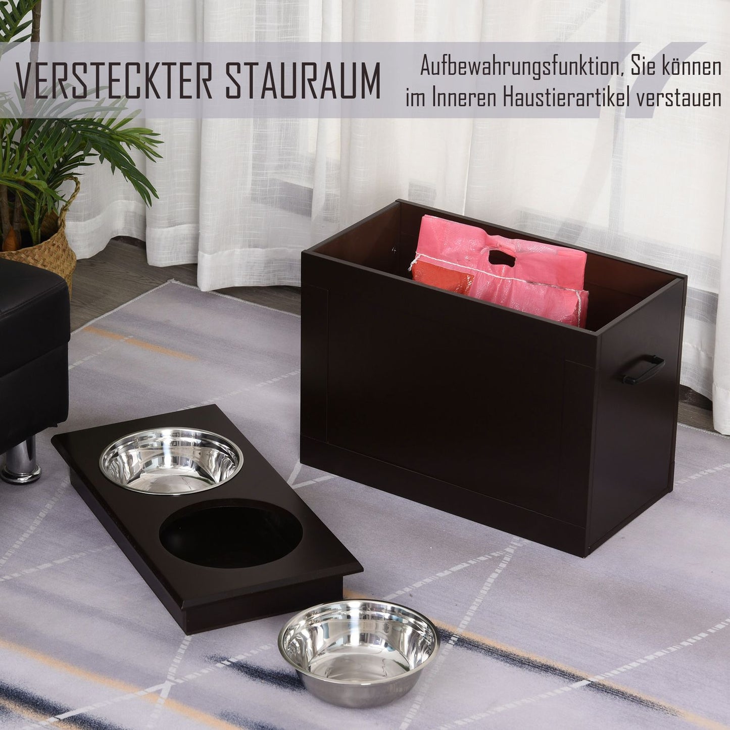 Pet Feeding Station, Double Stainless Steel Bowls, MDF Espresso Finish