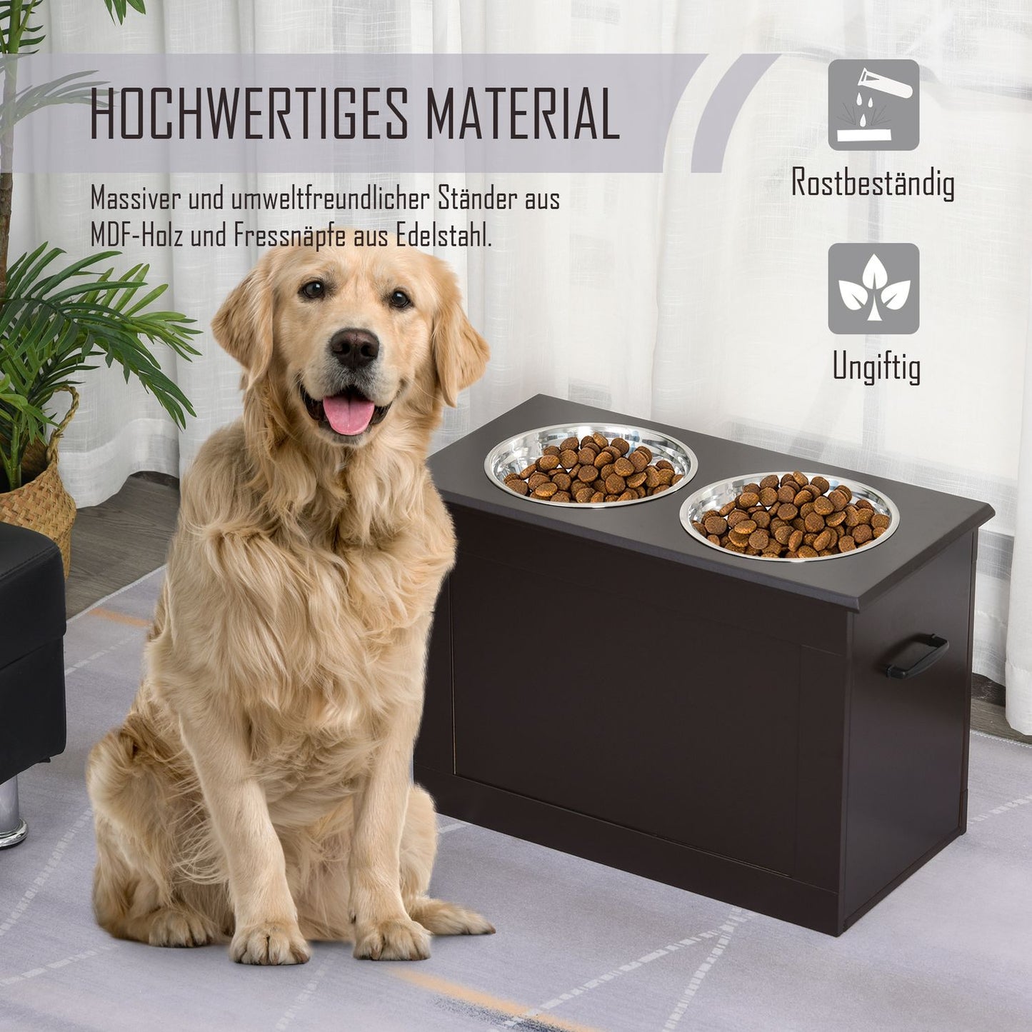 Pet Feeding Station, Double Stainless Steel Bowls, MDF Espresso Finish