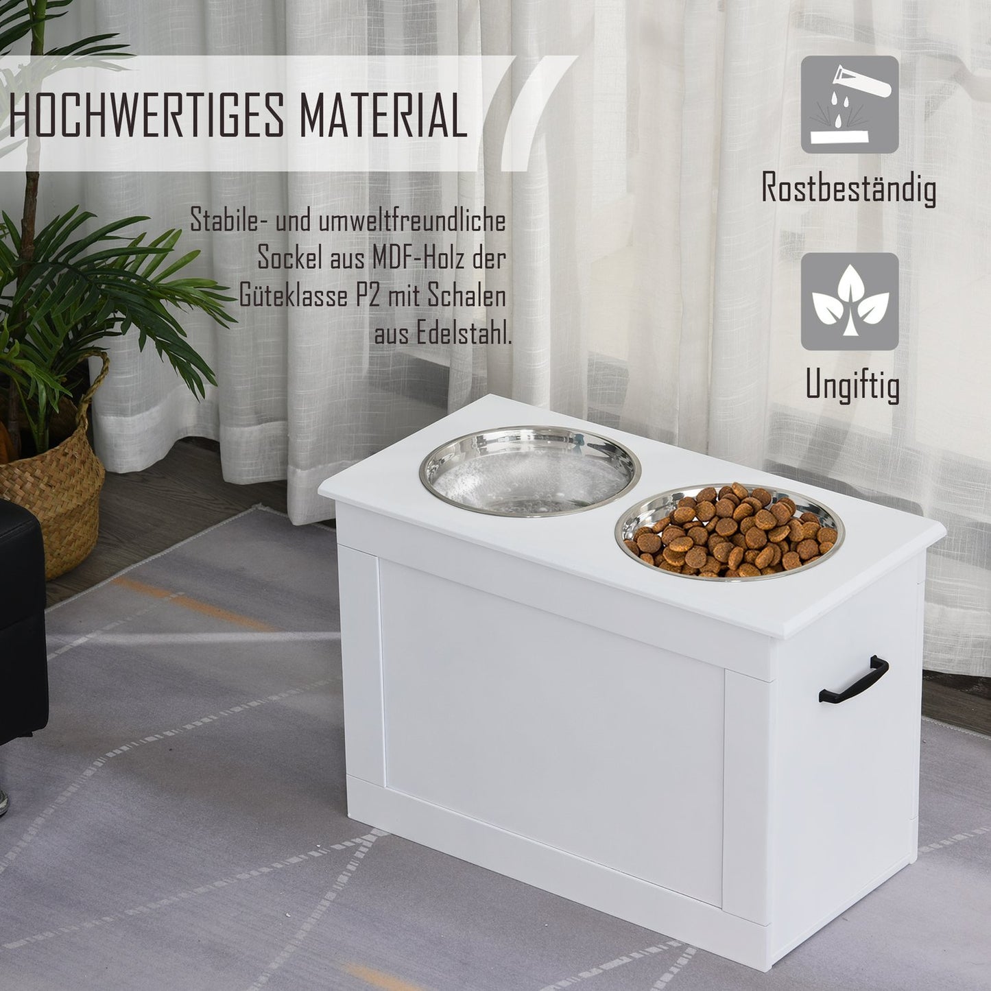 Dog food station with storage - White, 60x30x41cm
