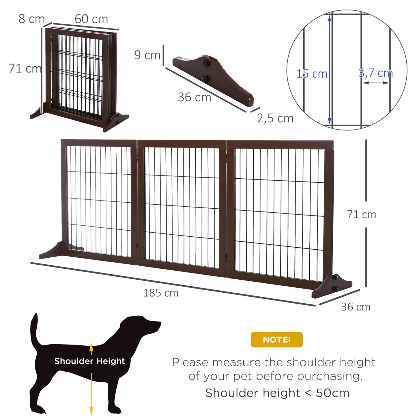 Freestanding Pine Dog Gate Barrier, Brown, 185x36x71 cm
