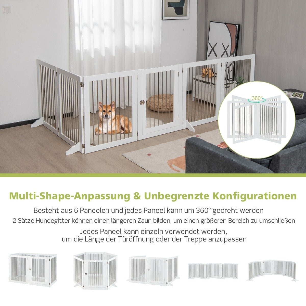 Dog Gate Playpen Freestanding Dog Fence with 6 Panels 366 x 80 cm White