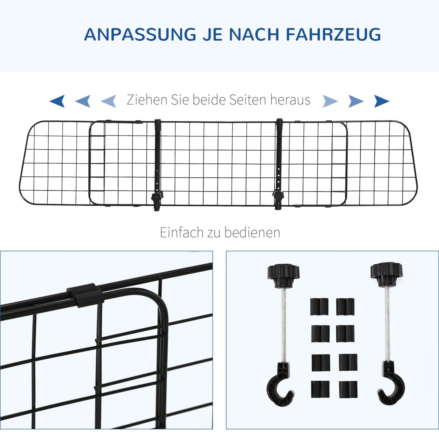 Universal adjustable dog guard in black metal for car trunk