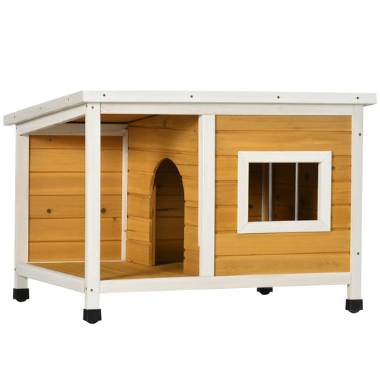 Dog house in fir wood with patio and roof for small dogs