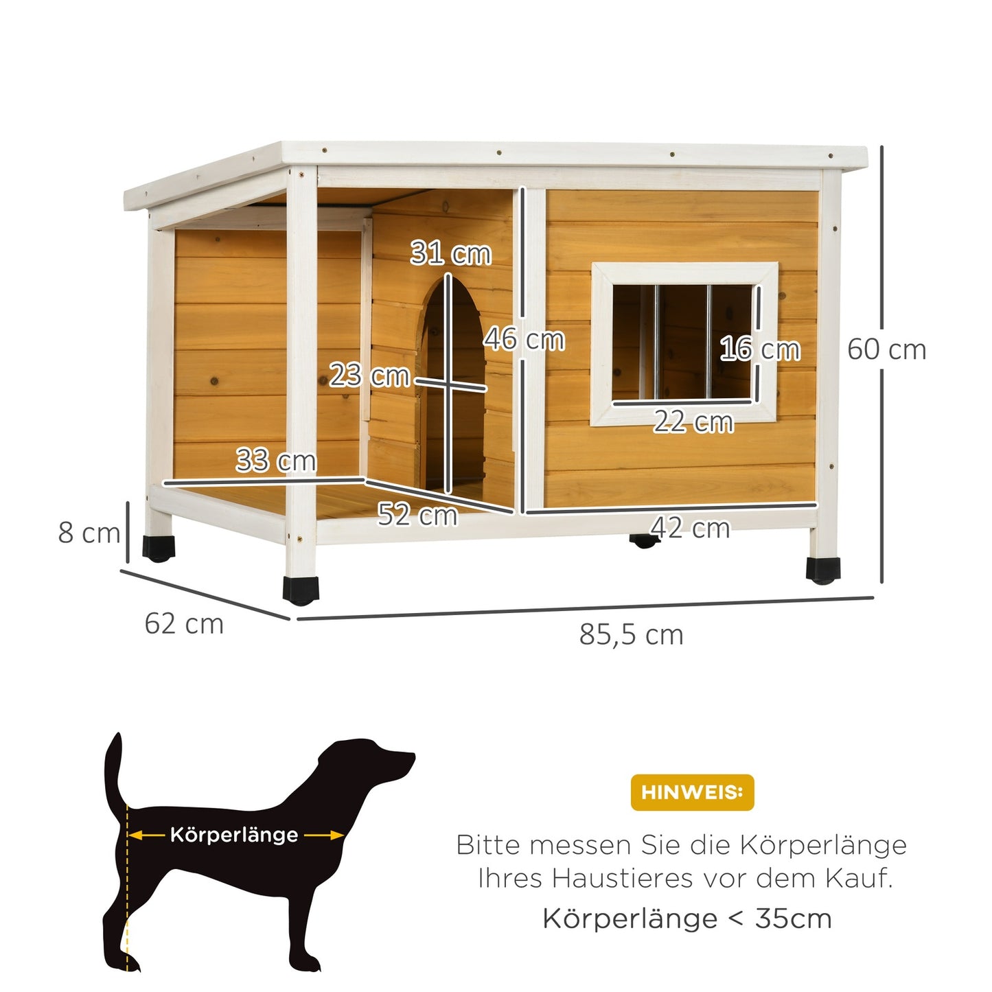 Dog house in fir wood with patio and roof for small dogs