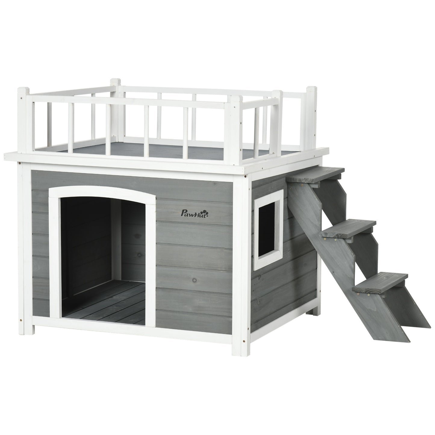 Elevated dog house with balcony and stairs - spruce wood