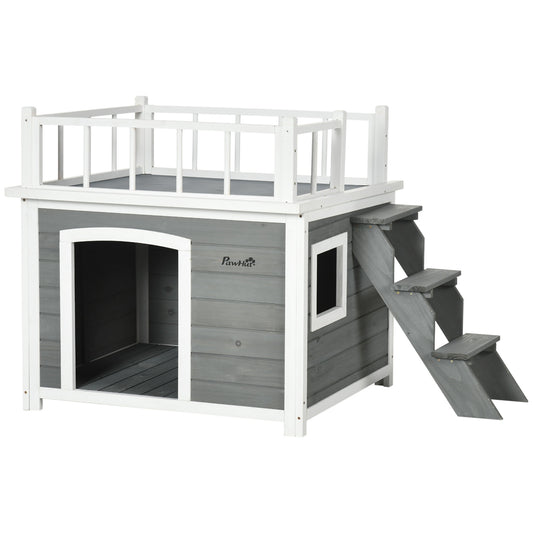 Elevated dog house with balcony and stairs - spruce wood