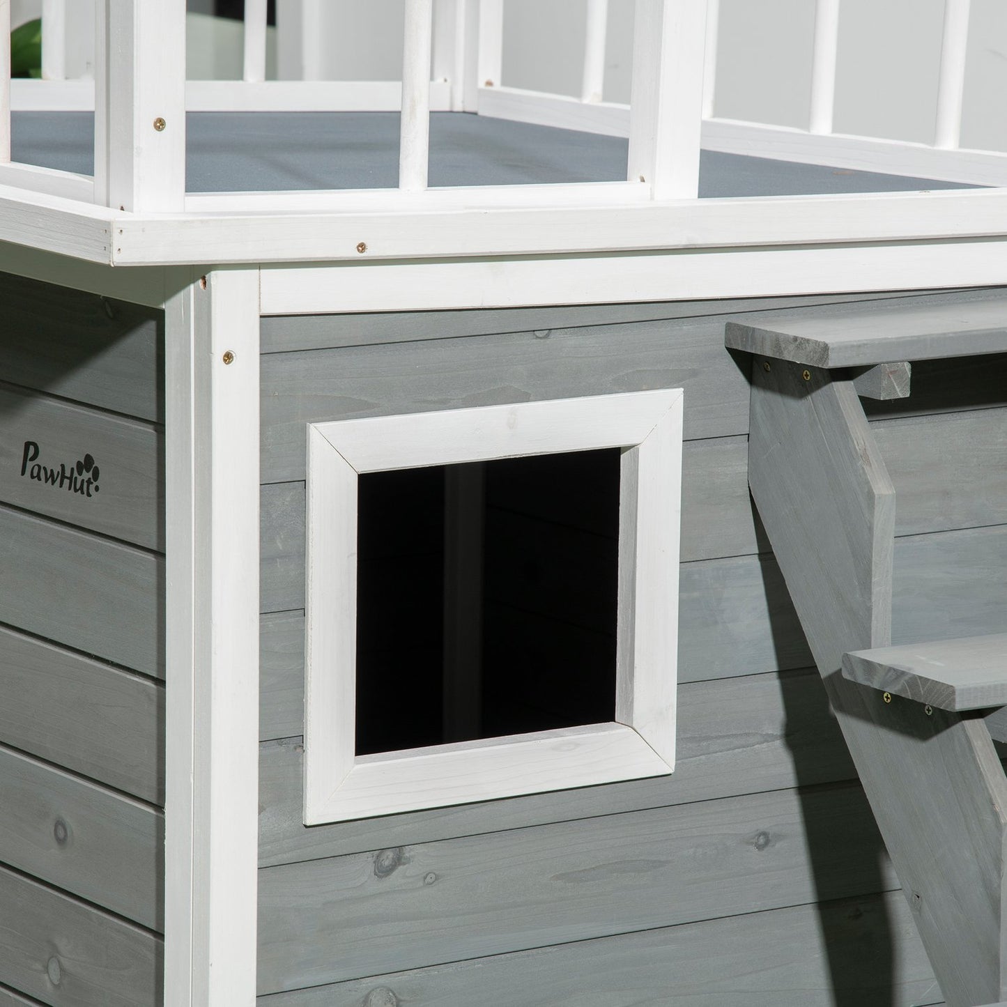 Elevated dog house with balcony and stairs - spruce wood