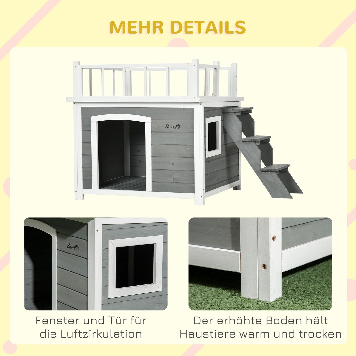 Elevated dog house with balcony and stairs - spruce wood
