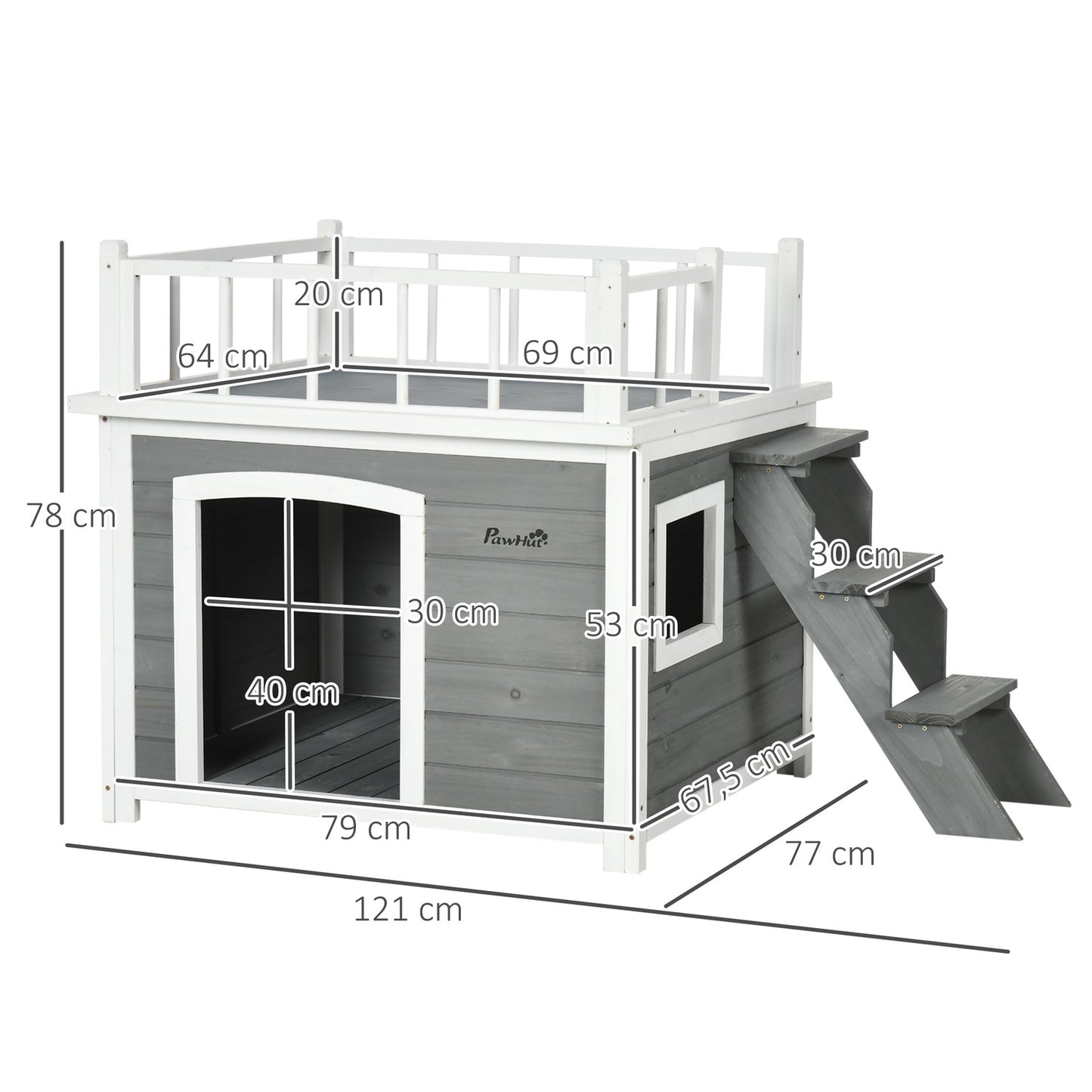 Elevated dog house with balcony and stairs - spruce wood