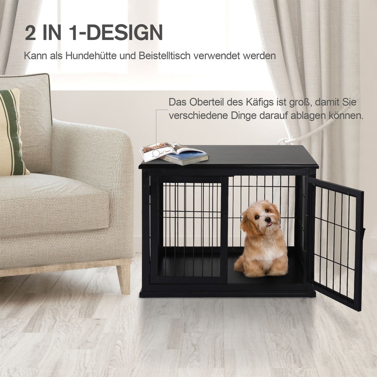 Indoor dog house with table top - Black, 81x58.5x66 cm