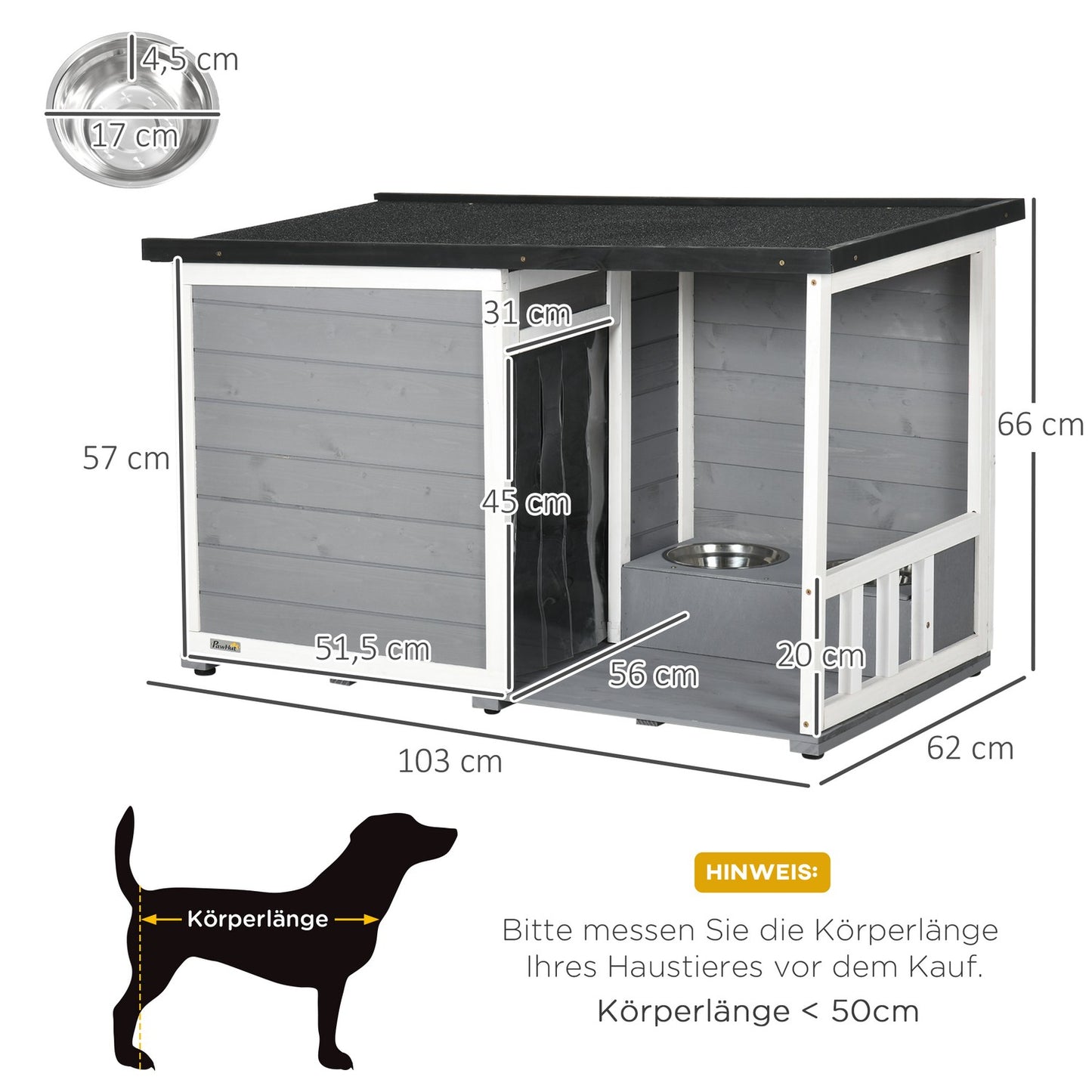 Weatherproof Spruce Wood Dog House with Terrace and Bowls