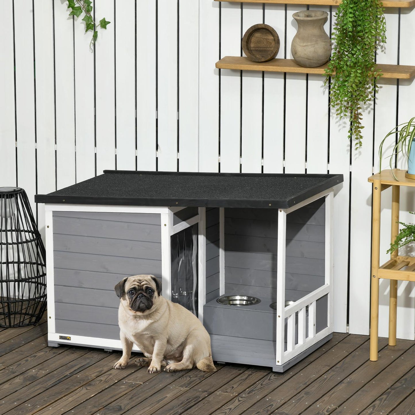 Weatherproof Spruce Wood Dog House with Terrace and Bowls