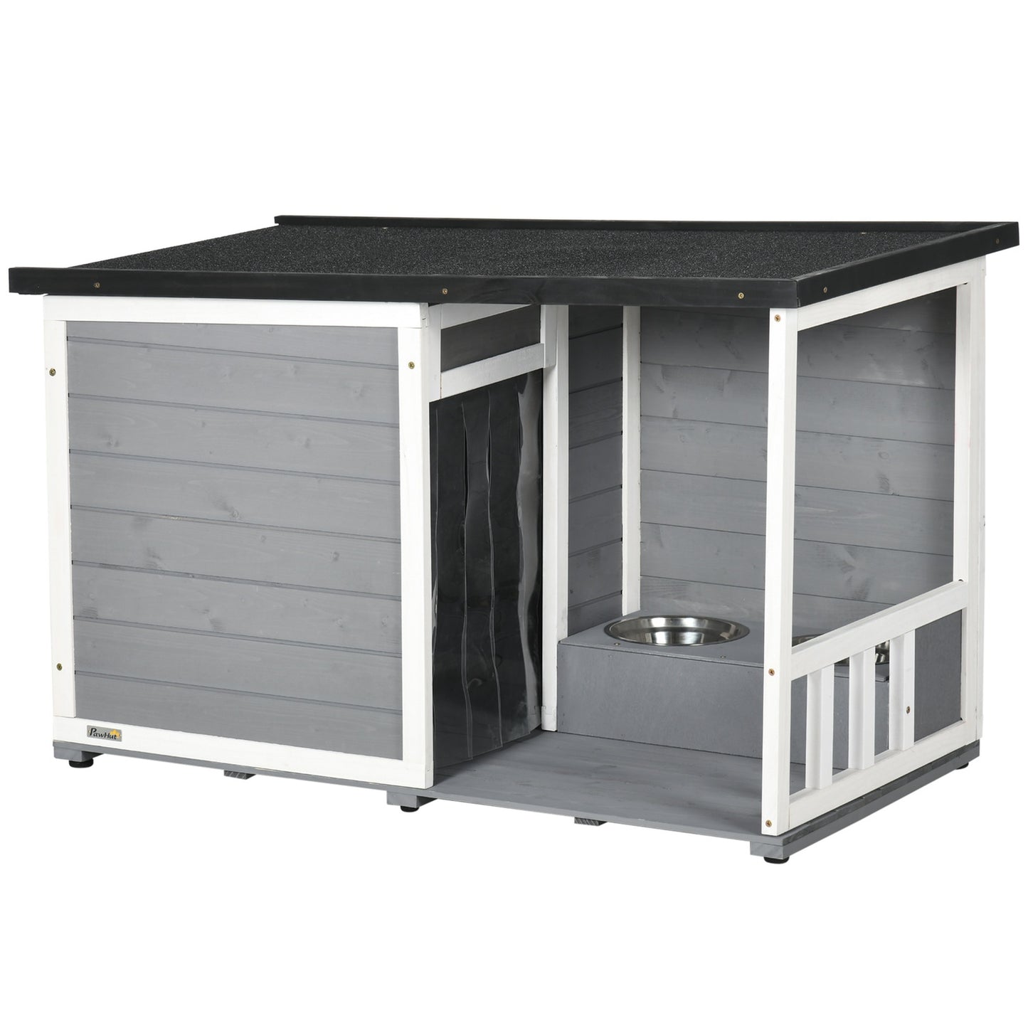 Weatherproof Spruce Wood Dog House with Terrace and Bowls