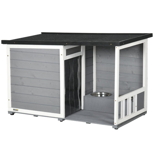 Weatherproof Spruce Wood Dog House with Terrace and Bowls