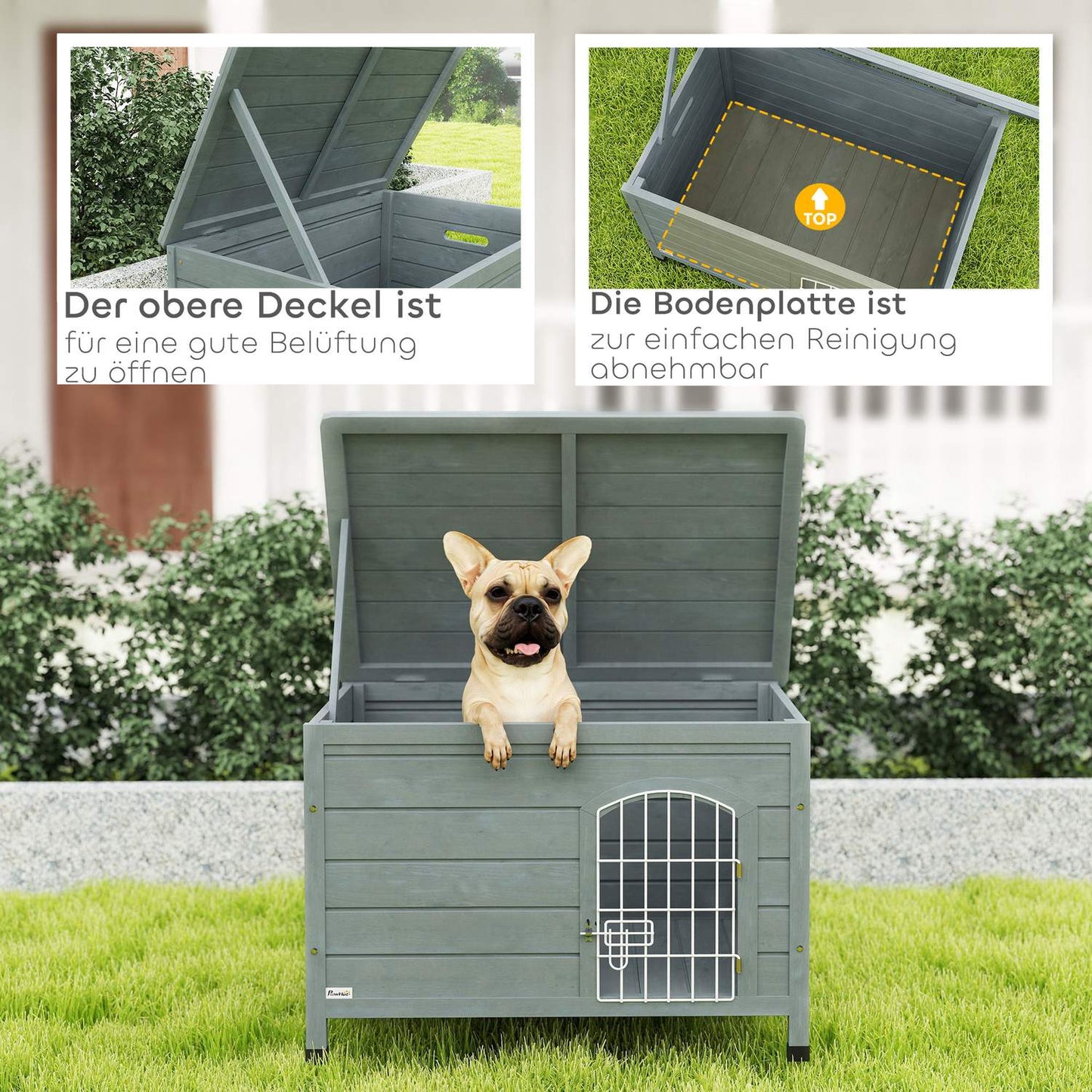 Outdoor waterproof dog house with door, spruce wood, 80x55x53.5 cm