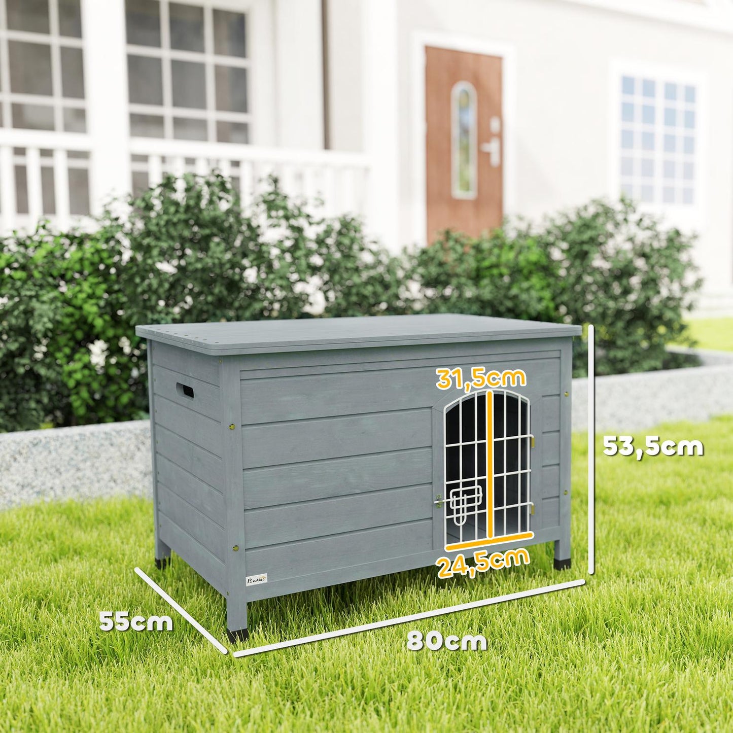Outdoor waterproof dog house with door, spruce wood, 80x55x53.5 cm