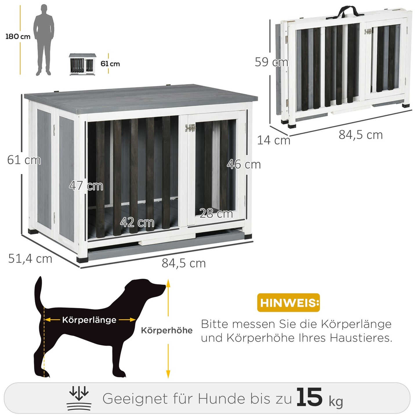 Collapsible gray dog kennel with window, 84.5x51.4x61cm