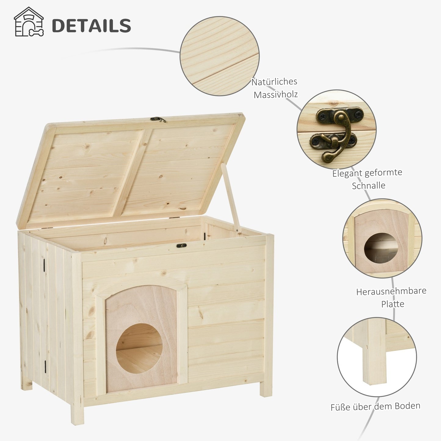 Collapsible dog house in solid wood, Natural, 78x51x62 cm