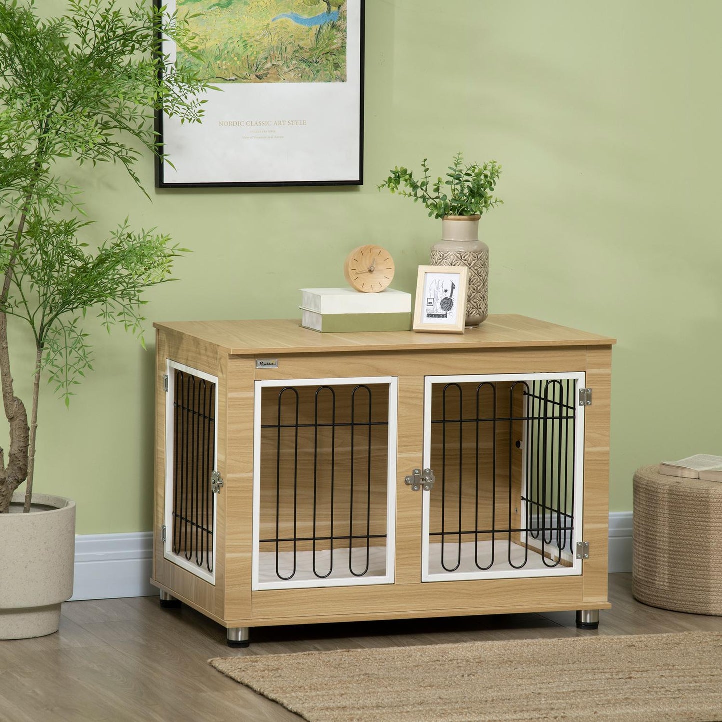 Oak Dog Cage table top, double doors & cushion