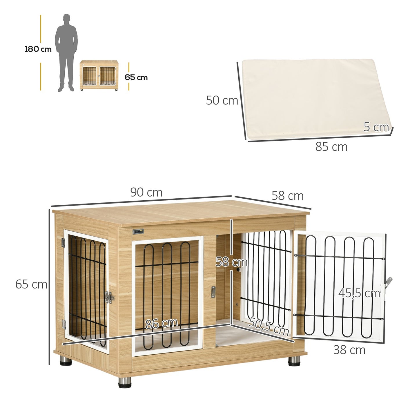 Oak Dog Cage table top, double doors & cushion