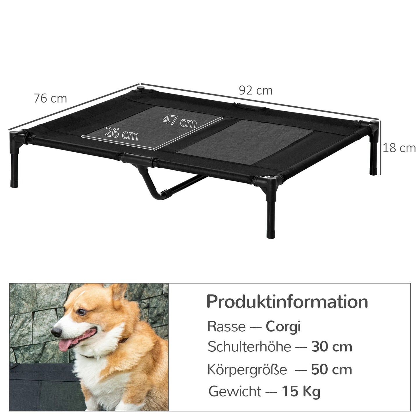Raised outdoor dog bed - Oxford Black 92x76x18 cm