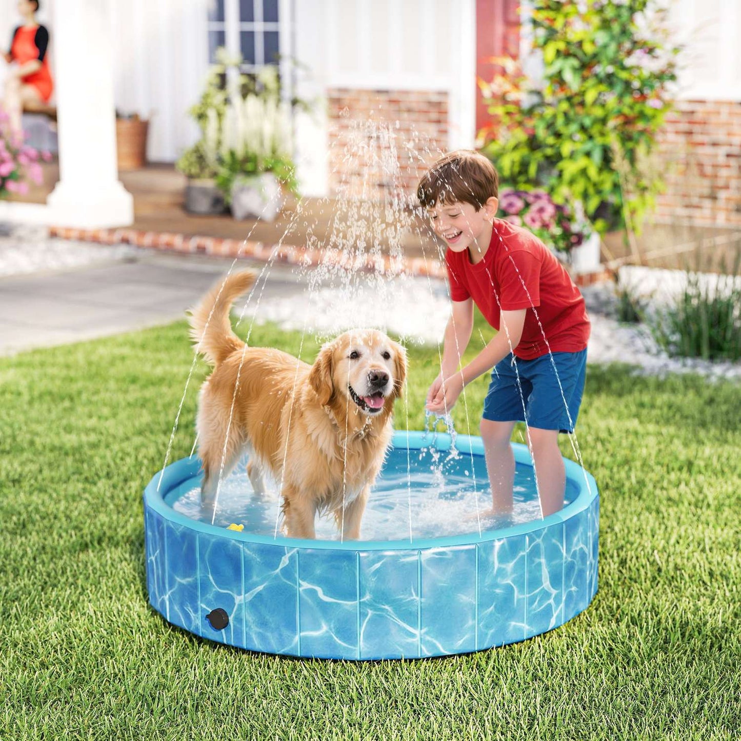 Dog Pool Foldable Paddling Pool with Fountain and Water Cushion Design Ø120 x 30 cm Blue